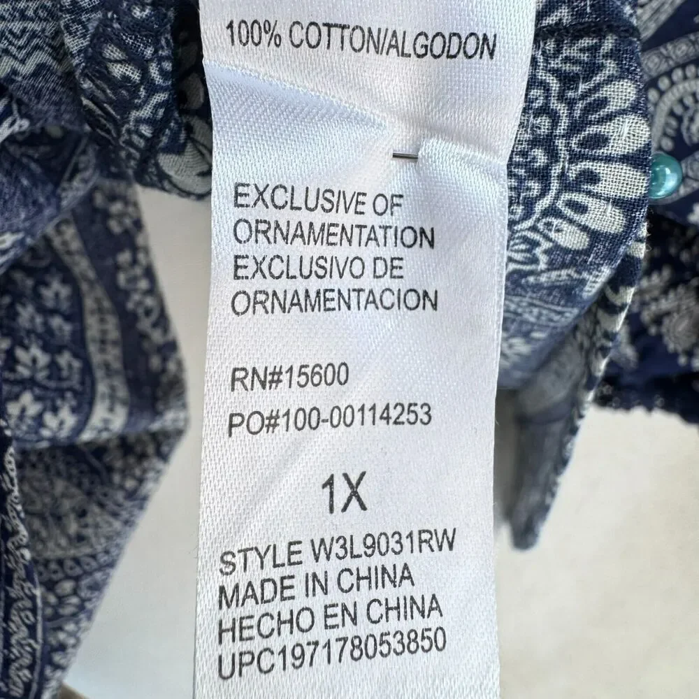 Democracy Top Patchwork Paisley Print Women Sze 1X Blue 3/4 Sleeve Blouse Boho - Picture 7 of 10